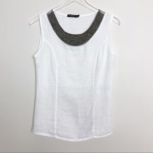 Lungo L’arno White Linen Tank Beaded Neckline Sz S